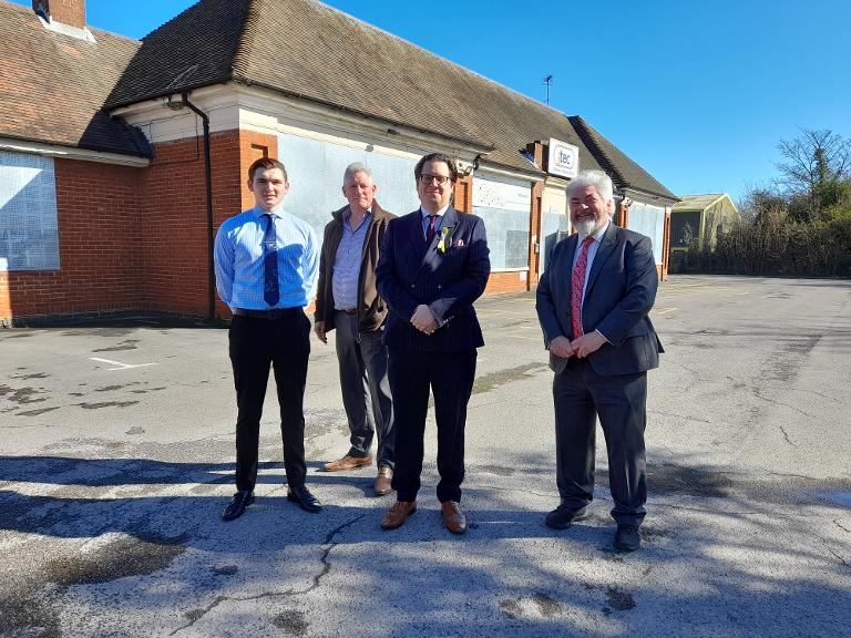 Decorative image showing Luke Rapley, Development Support Officer at Basildon Council, Andrew Parkinson, Project Manager at Morgan Sindall Property Services, Cllr Andrew Schrader, Trevor Burns, Basildon Council’s Development and Investment Service Manager