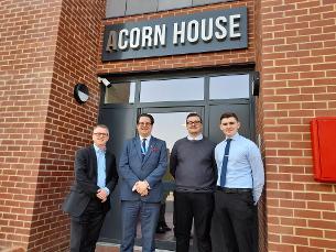 Decorative image showing from left to right, Chief Executive of Basildon Council Scott Logan, Cllr Andrew Schrader, Project Manager Joe Stanhope, and Development Support Officer Luke Rapley