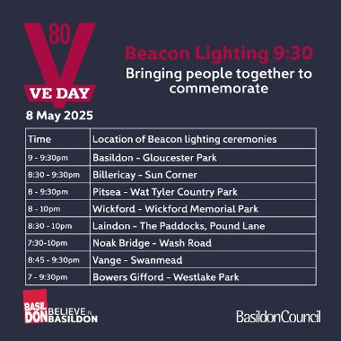 A timetable showing the times and locations of the VE Day Beacon lighting ceremonies