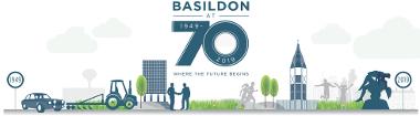 Brand Logo - Basildon at 70 celebrations - shows lettering 'Basildon at 70 , 1949-2019, Where the future begins'