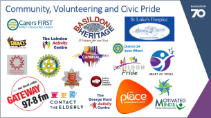 Decorative image showing the logos of various Community, Voluntary and Civic Pride groups and organisations who have actively supported the Basildon at 70 celebrations.