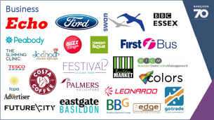 Decorative image showing the logos of various businesses which have actively supported the Basildon at 70 celebrations.